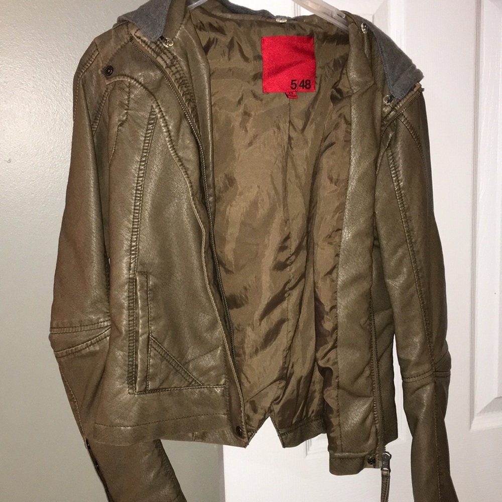 Off green leather jacket with removable hood XS